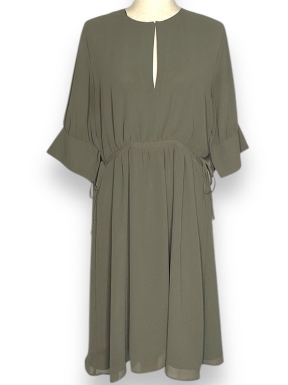 H&M Dark Khaki Green Chiffon Drawstring Tie-Waist Blouson Dress X-Small